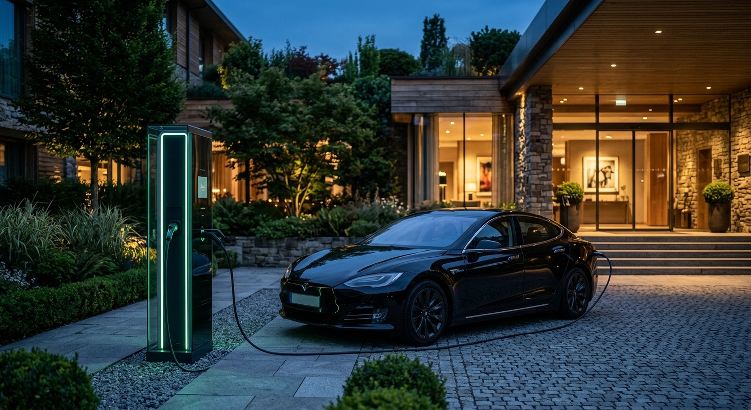 Carregador elétrico Beverde em hotel premium ao entardecer