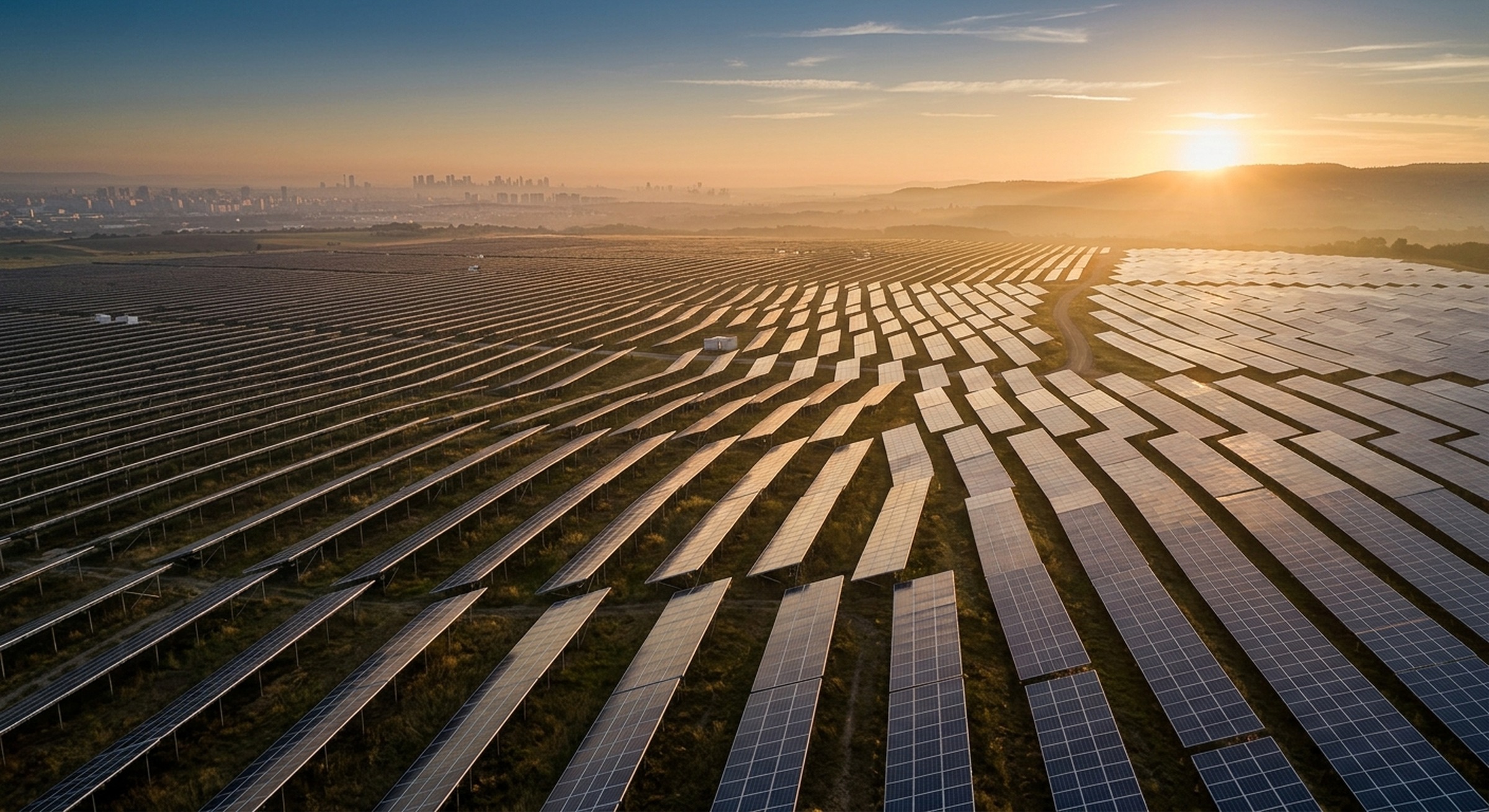 Usina solar Beverde ao amanhecer dourado
